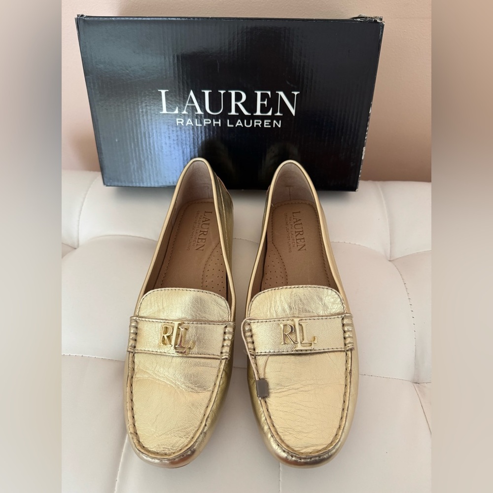 Ralph Lauren Gold Leather Women's Loafers. Leather.